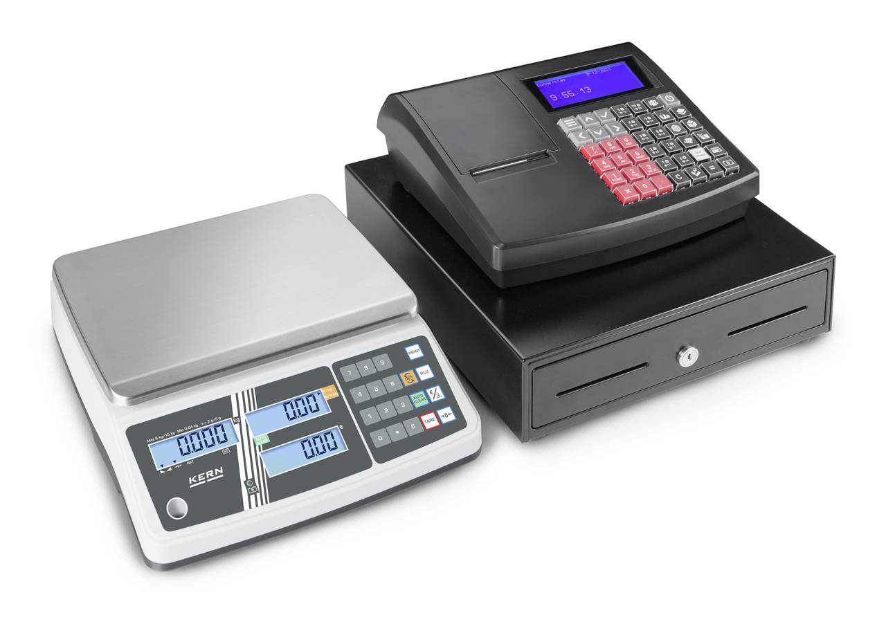'Image of two electronic devices: On the left, a digital scales with a blue display, on the right, a black cash register with a red keyboard.'