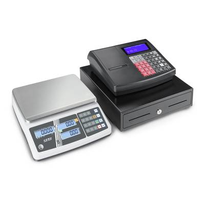 'Image of two electronic devices: On the left, a digital scales with a blue display, on the right, a black cash register with a red keyboard.'