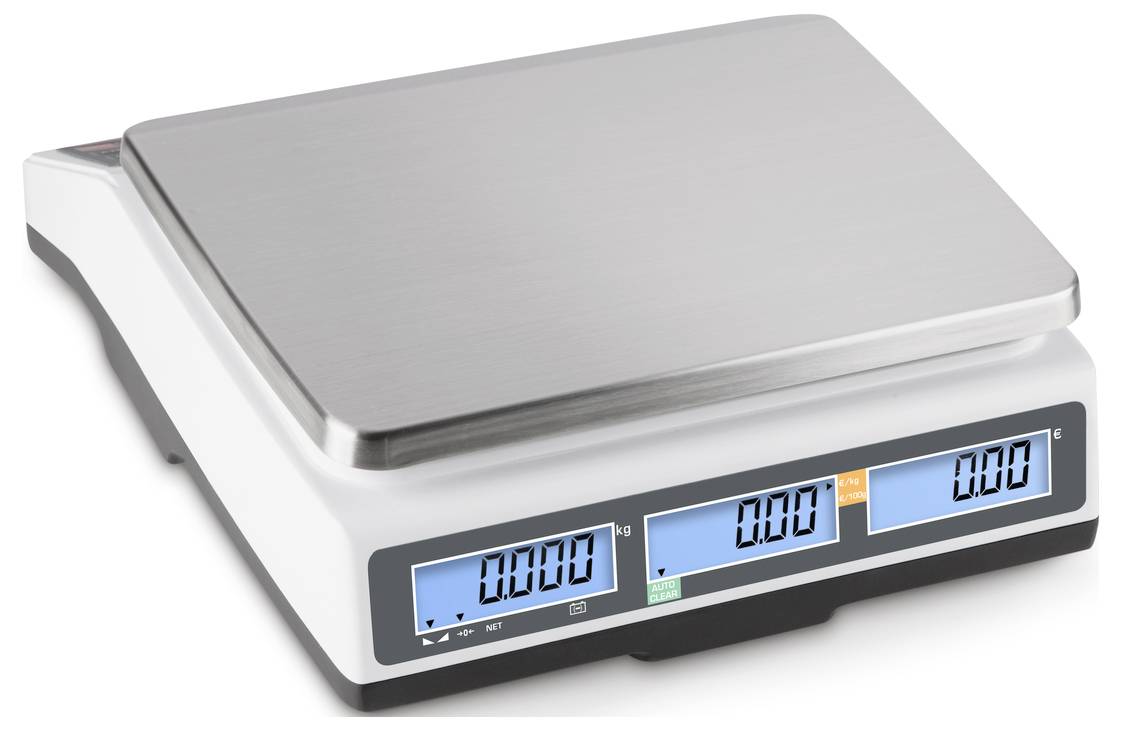 Digital scales with a white casing, stainless steel surface and illuminated display showing '0.00' in kilograms and grams.