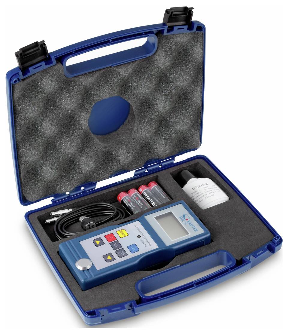 Portable water quality tester in a blue case with accessories: cable, batteries, and calibration solution next to the main device.