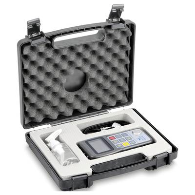 An open black case with a foam insert displays a handheld measuring device and a hinged lid in the top left corner.