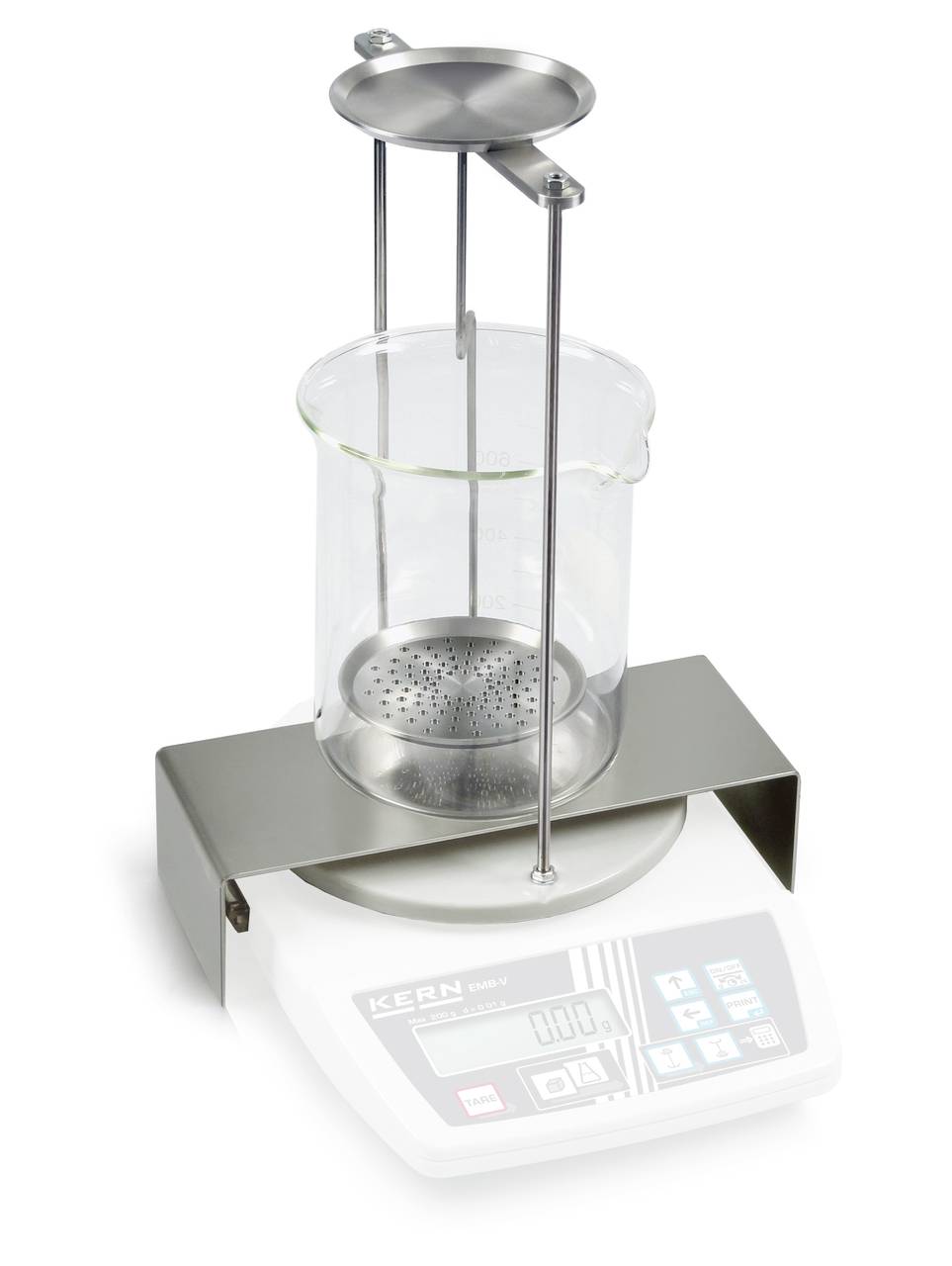 Laboratory balance with a transparent beaker glass and metal insert for measuring liquids or small objects.