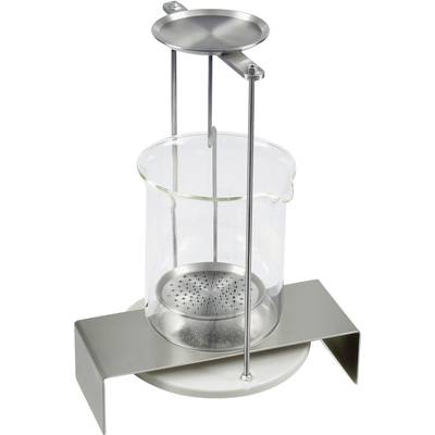 Laboratory device for measuring surface tension, consisting of a beaker, a metal mounting bracket, and a circular plate on top.