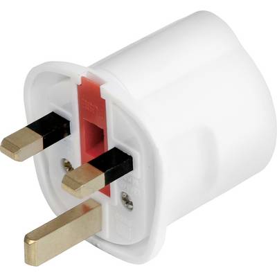 A British plug adapter with three rectangular metal pins and a white plastic casing, suitable for EU plugs.