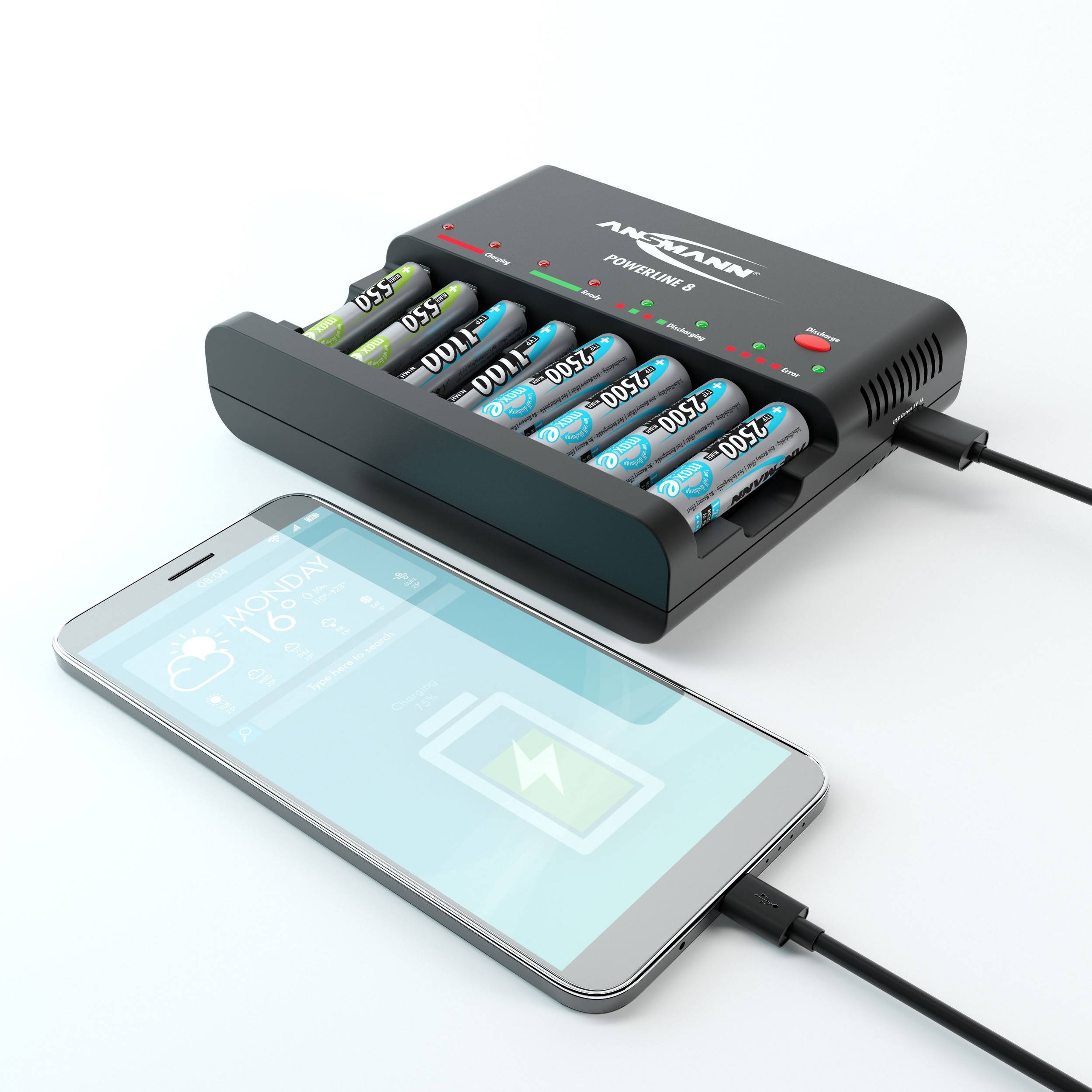 A charger is charging AA batteries and a smartphone. The phone displays the weather and charging symbol on the screen.