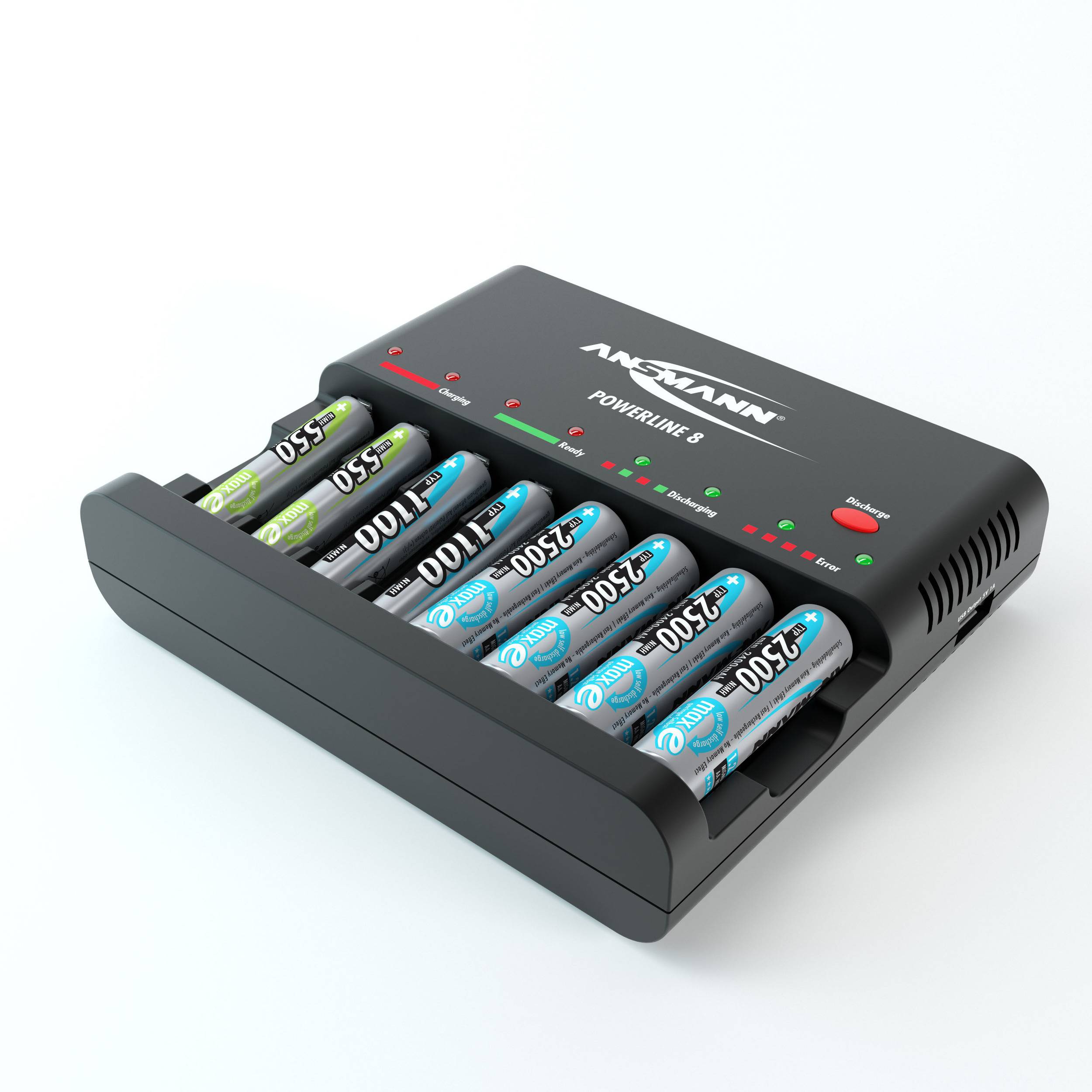 A black battery charger with eight charged AA batteries, marked with 'ANSMANN Powerline 8', and illuminated LED indicators.