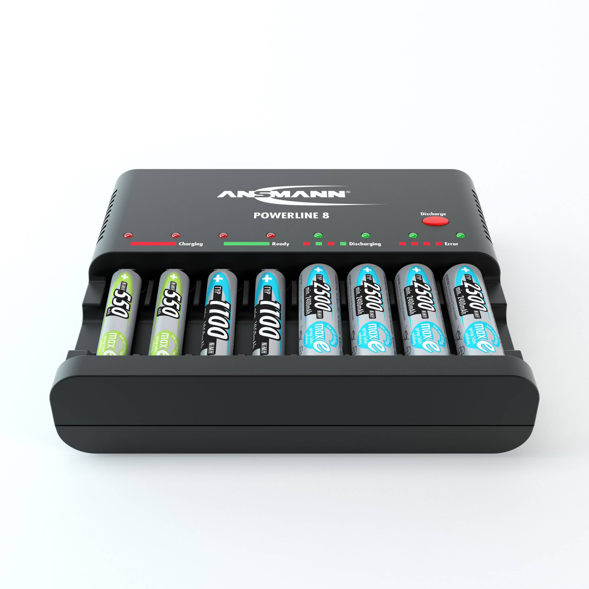 A battery charger with eight slots displays the charging process. Different battery types are inserted, with status LEDs illuminated.