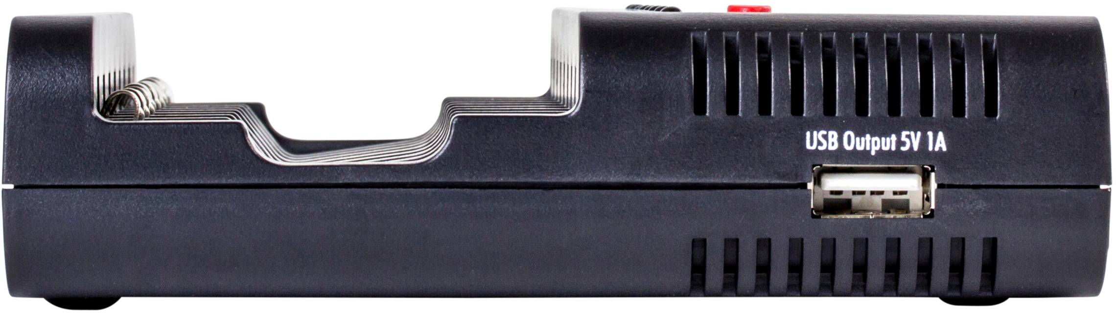 A charger with a USB port, marked with 'USB Output 5V 1A'. Used for charging electronic devices.