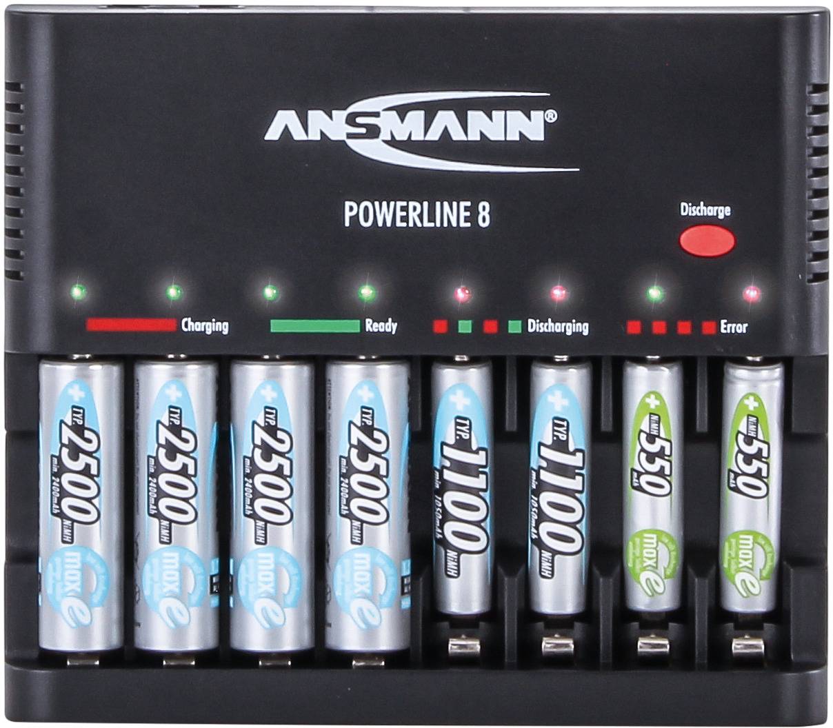 A battery charger charges different batteries. The charging states are indicated by various coloured LEDs.