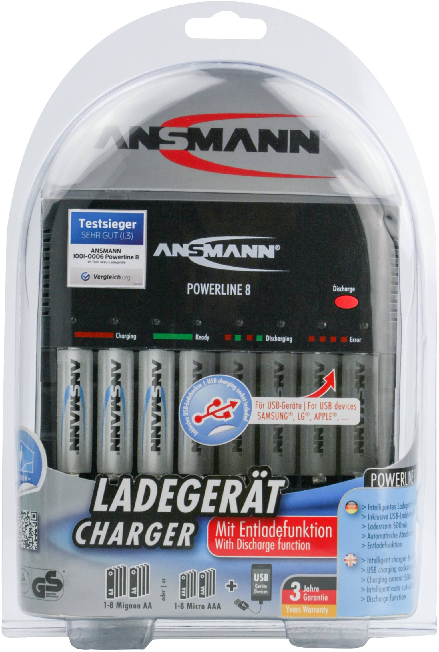 'Charger for AA and AAA batteries by ANSMANN. Includes discharge function, USB device charging option, 3-year warranty.'