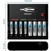 Ansmann charger for eight AA or AAA batteries. Display for charging, ready, discharging, and error states. Dimensions: 13.9 cm x 12 cm x 3.1 cm.