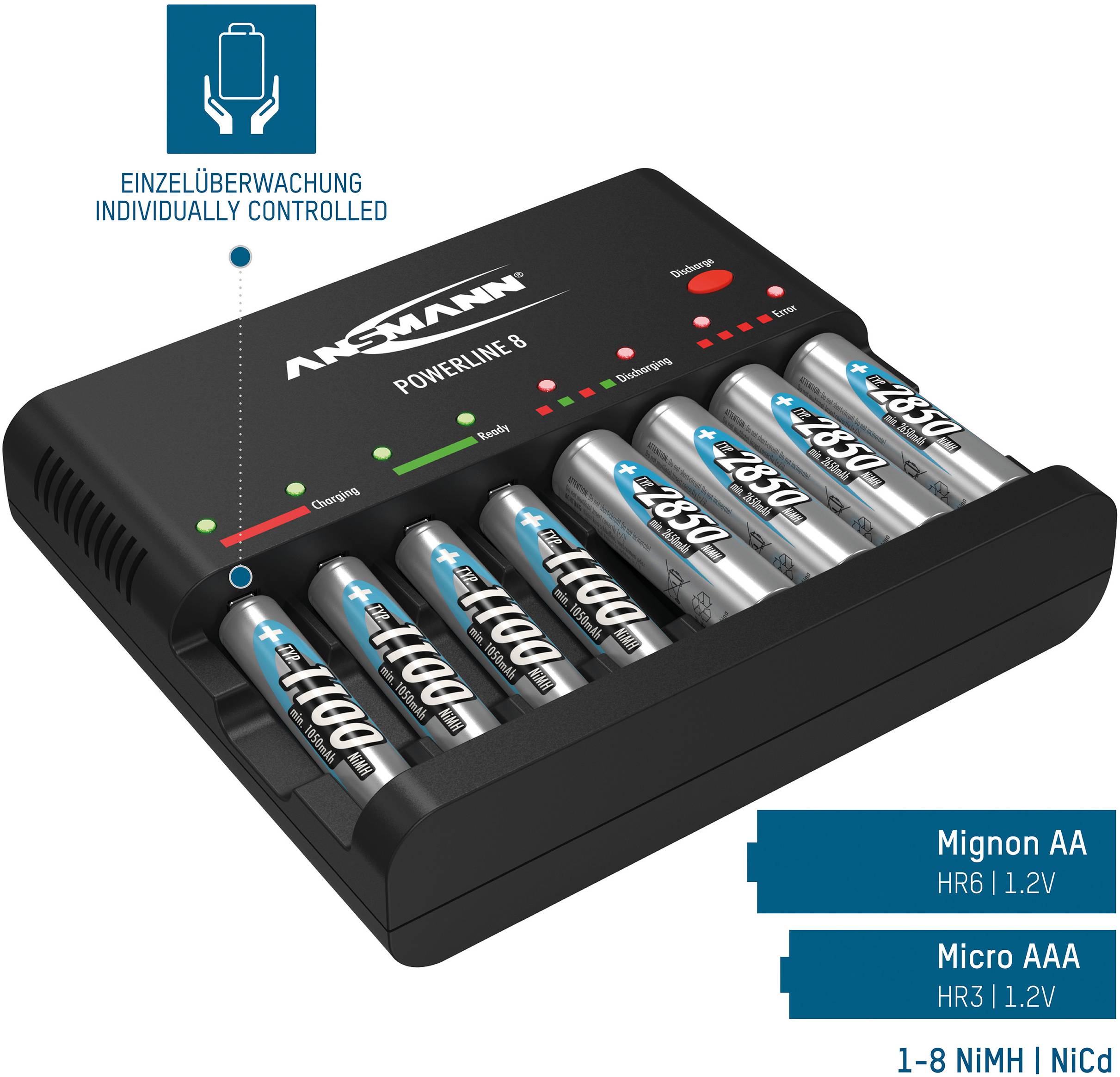 A battery charger with eight AA batteries inserted. Inscription shows 'Individual monitoring' and information about battery types.