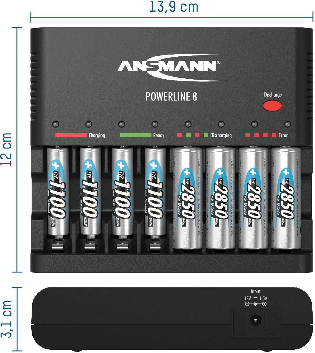 'Lithium-ion battery charger with eight AA batteries in two rows. Indicators for charging, ready, discharging, and error. Dimensions: 13.9 cm x 12 cm x 3.1 cm.'