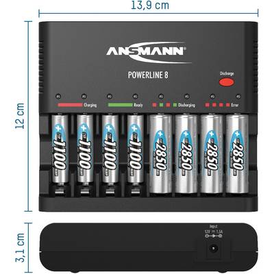 'Lithium-ion battery charger with eight AA batteries in two rows. Indicators for charging, ready, discharging, and error. Dimensions: 13.9 cm x 12 cm x 3.1 cm.'