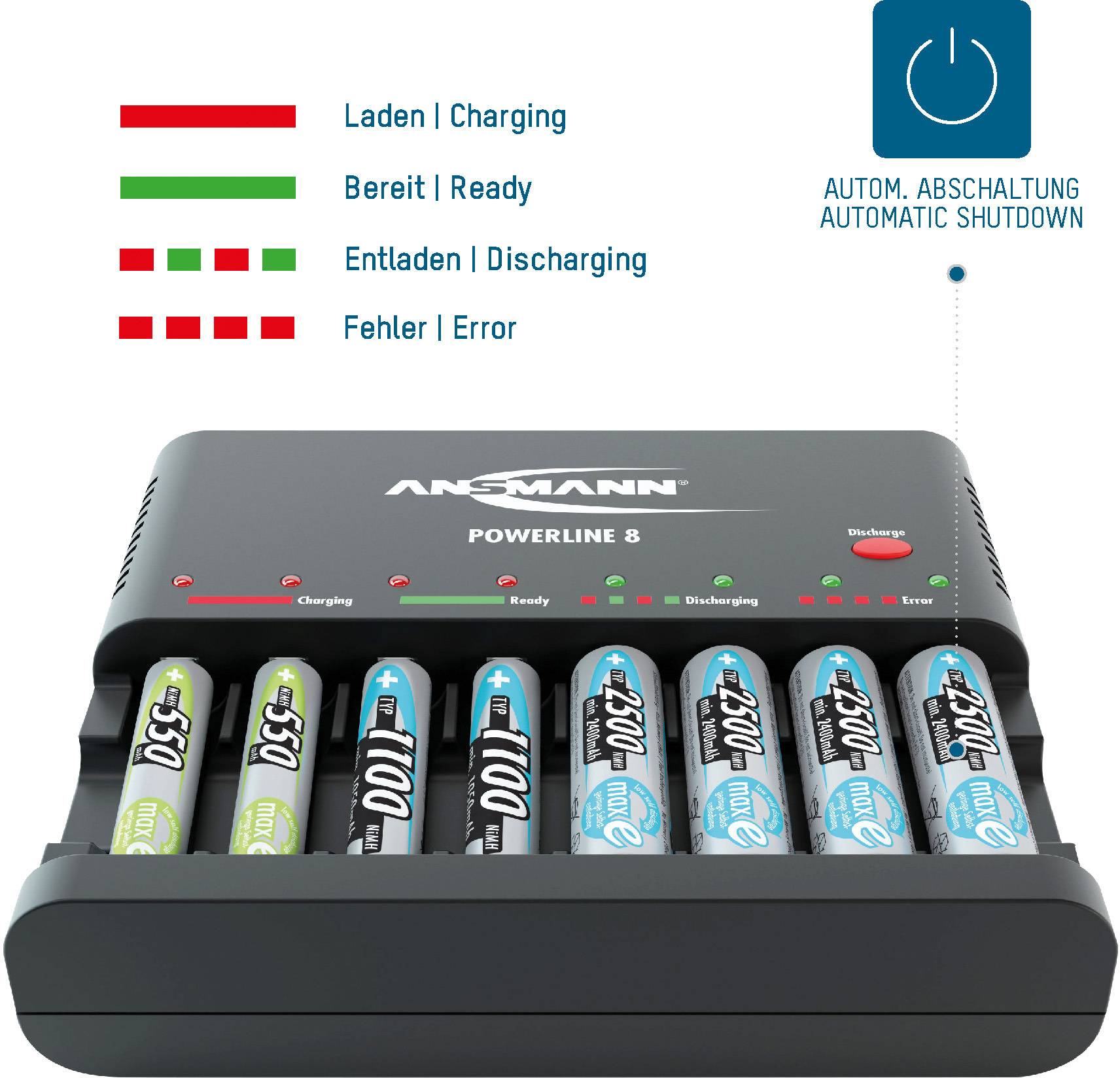 Battery charger 'ANSMANN Powerline 8' with eight rechargeable batteries, LED indicators for charging status and automatic cut-off.