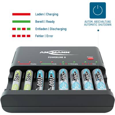Battery charger 'ANSMANN Powerline 8' with eight rechargeable batteries, LED indicators for charging status and automatic cut-off.