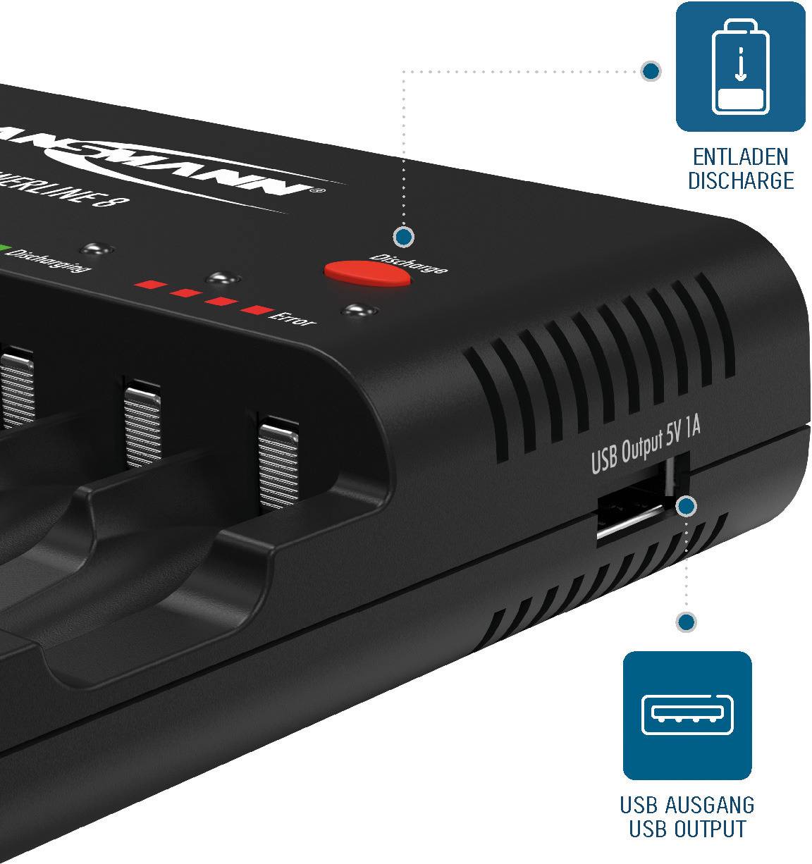 Black and grey device with USB port '5V 1A' and 'Discharge' button, indicated by discharge and USB port symbols.