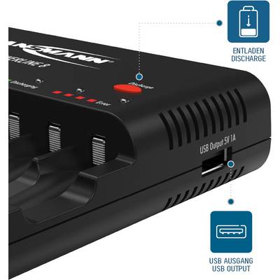 Black and grey device with USB port '5V 1A' and 'Discharge' button, indicated by discharge and USB port symbols.