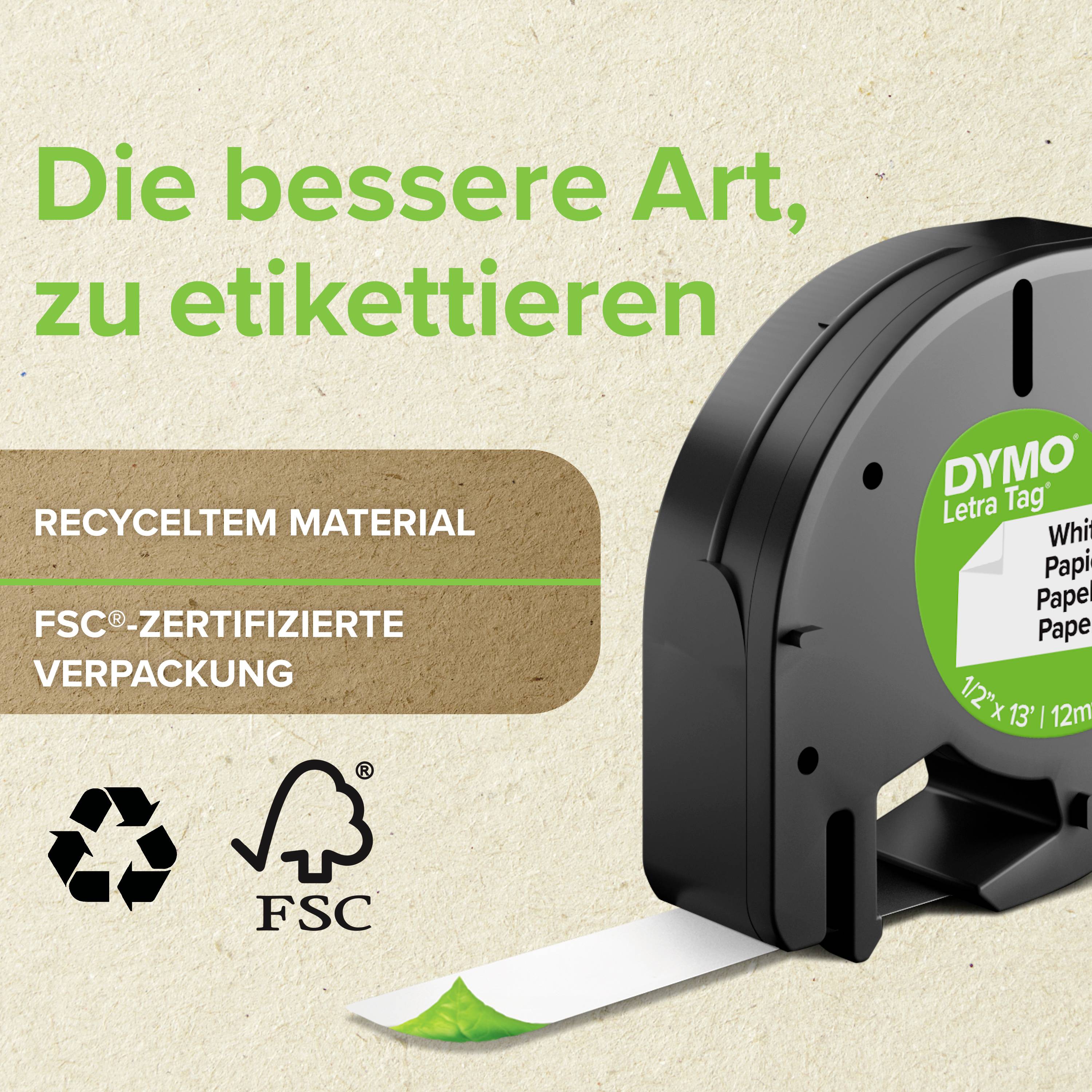 Labelling device and label tape cassette on a green background with text: 'Recycled Material', 'FSC®-certified Packaging'.