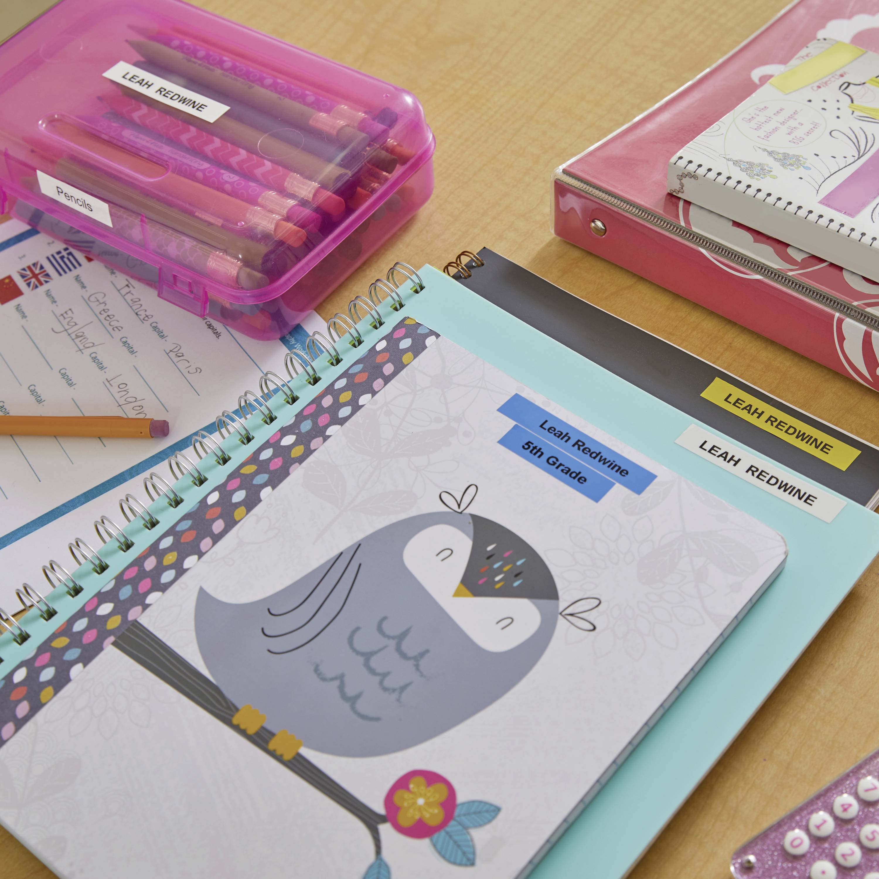 Desk with school supplies: spiral notebooks, folders and a pink pencil case. A notebook features an owl on its cover.