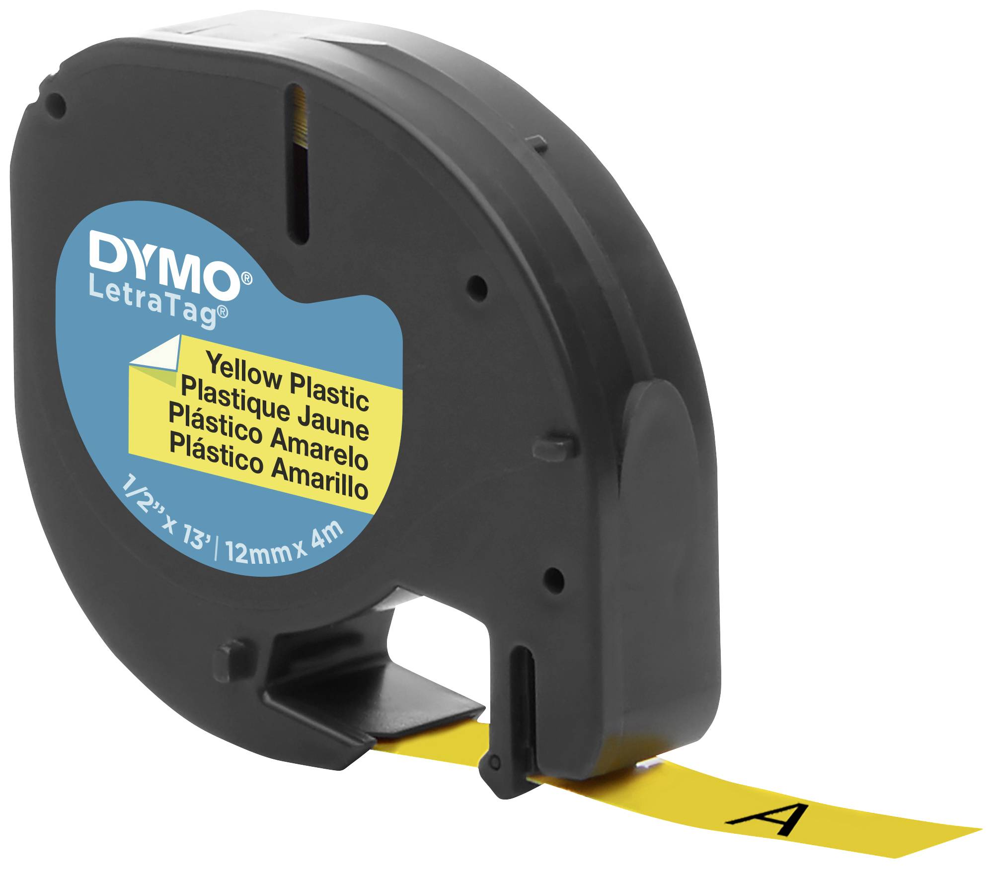 A black Dymo LetraTag cartridge with a yellow plastic tape emerging from the bottom is shown.