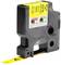 Black DYMO cassette housing with yellow label. Black text reading: 'BLACK'. Label with letter 'A' visible.