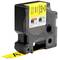 Black label tape with yellow text for DYMO printer. Text 'BLACK/YELLOW', item number 18433. Tape shows letter "A".