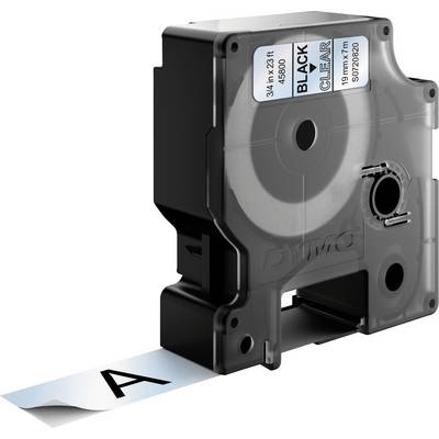 Black and transparent Dymo tape cassette with a white label, printed with 'A'. Suitable for label makers.