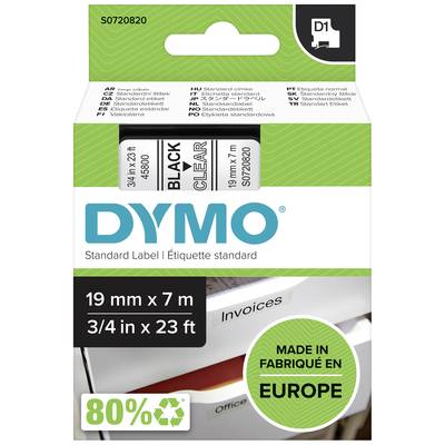 'Label tape for printers, 19 mm x 7 m, black on white, manufactured in Europe. Note on 80% use of environmentally friendly material.'