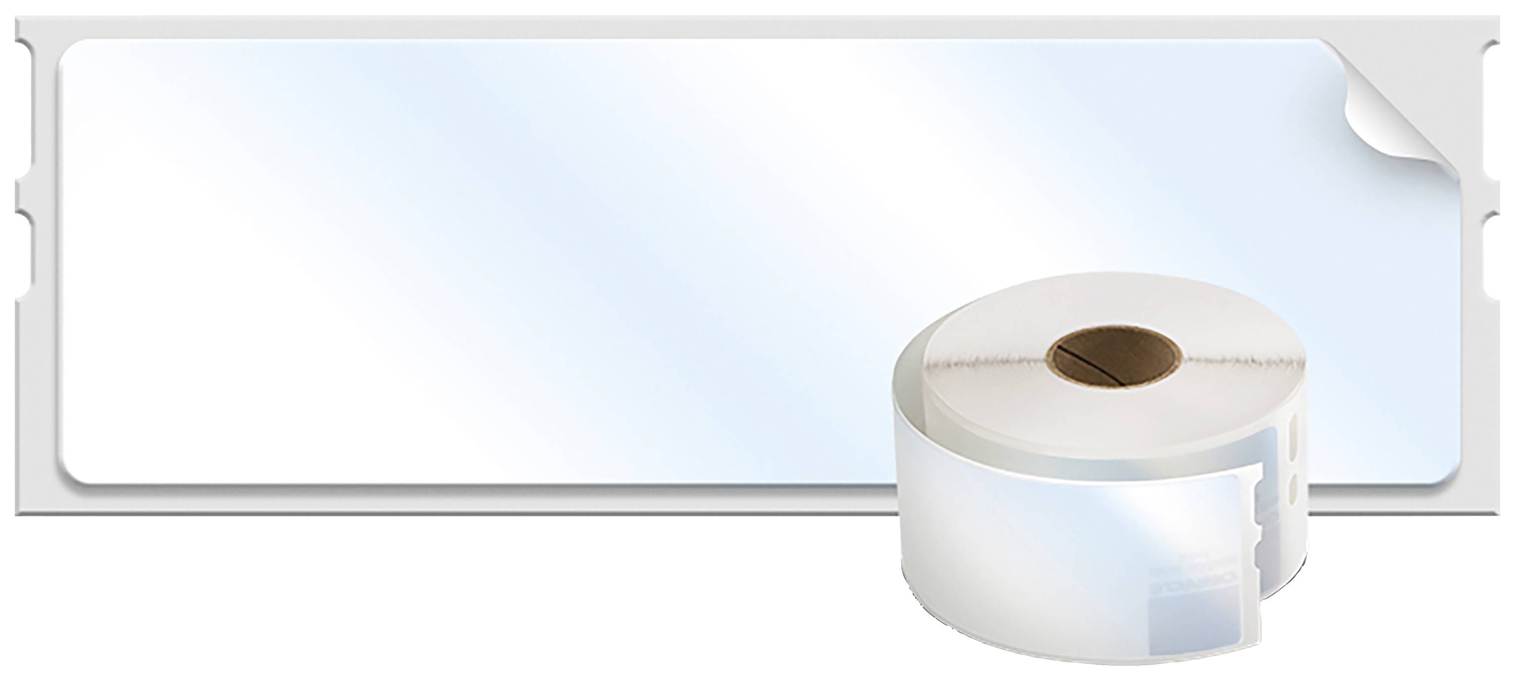 A white label roll on a background showing an applied label film. Suitable for printers or labelling devices.