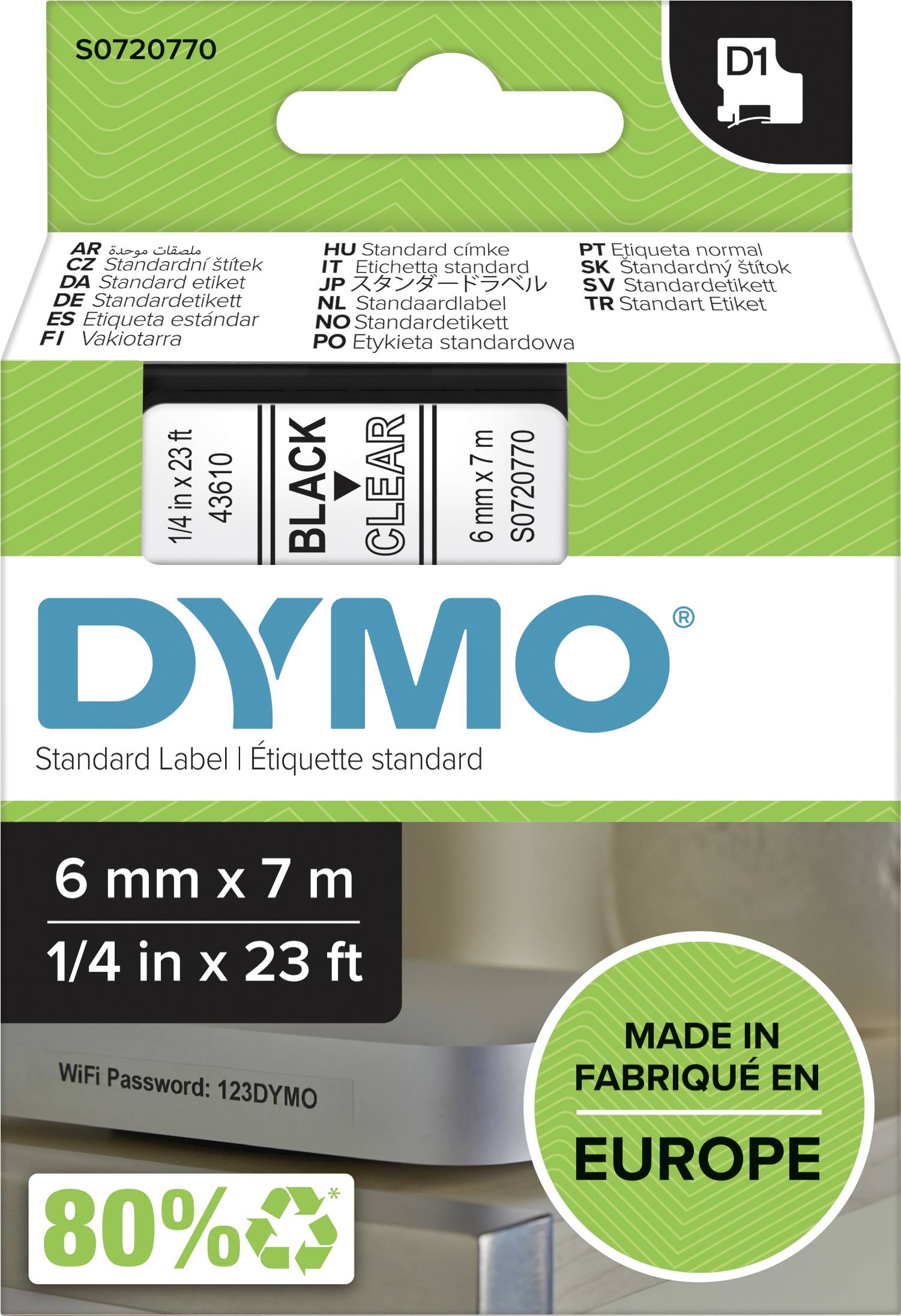 DYMO 43610 1/4in X 23ft Black/Clear Printing D1 Tape Cartridge 