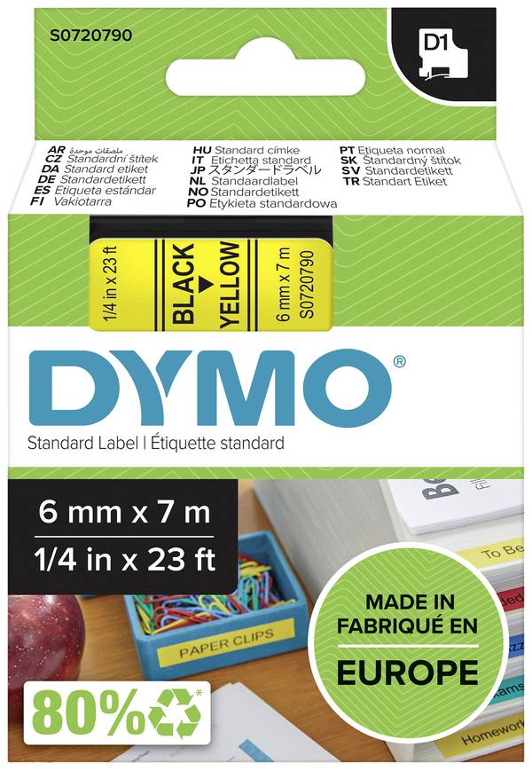 DYMO 43618 Labelling tape Polyester Tape colour: Yellow Font colour: Black 6 mm 7 m