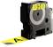 Black printer cartridge with a yellow label reading 'BLACK 19mm'. A yellow tape is being printed, with the letter 'A' visible.