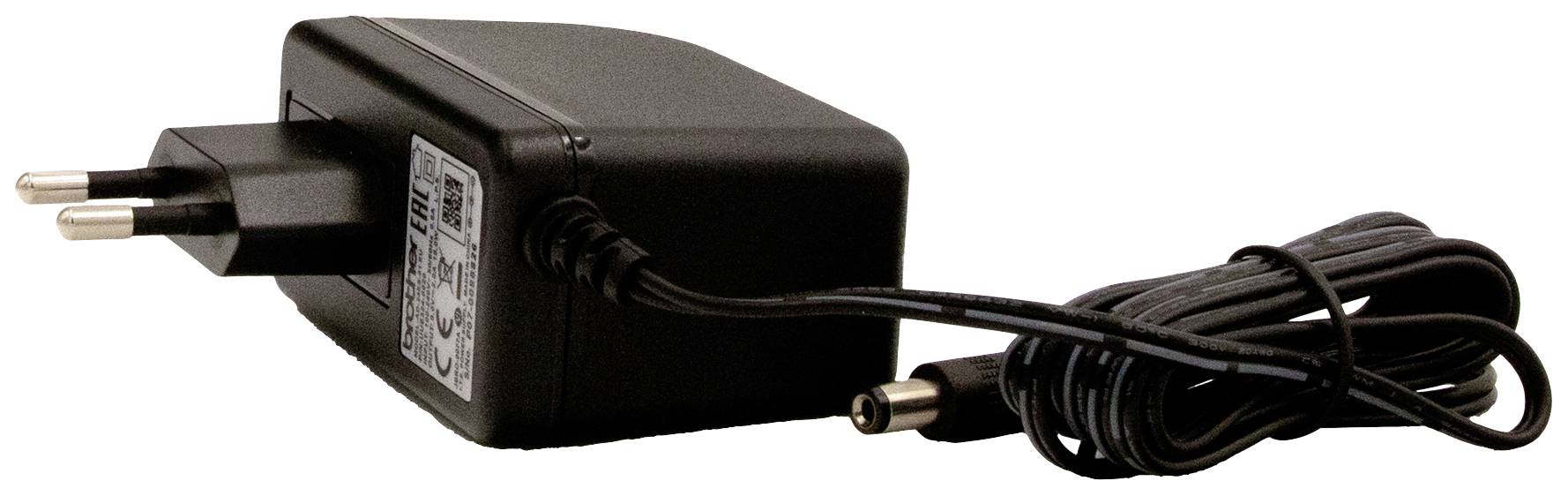 Black power supply with two-pin Euro plug and long cable.