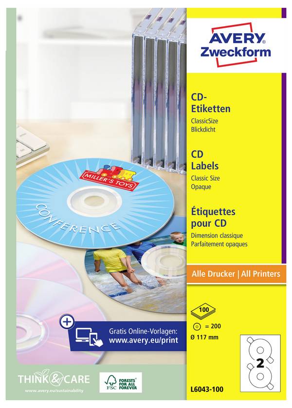 Avery-Zweckform L6043-100 CD labels Ø 117 mm Paper White 200 pc(s) Permanent adhesive Inkjet printer, Laser printer, Laser, colour, Copier, Colour copier, Manual labeling