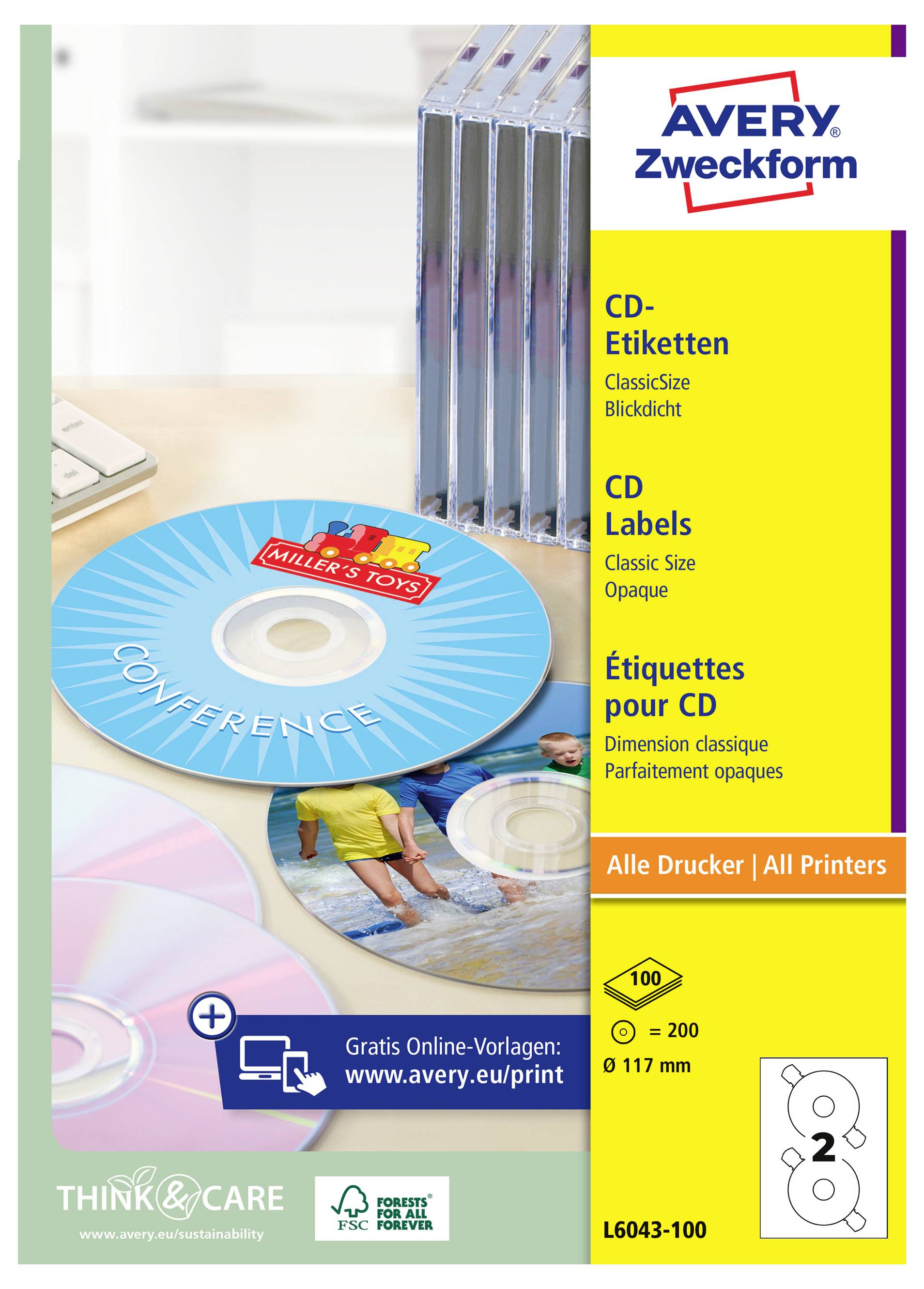 Avery Zweckform CD label package with blue disc label on top and multilingual text: 'CD Labels', 'Classic Size', 'Opaque', 100 sheets, 117 mm.