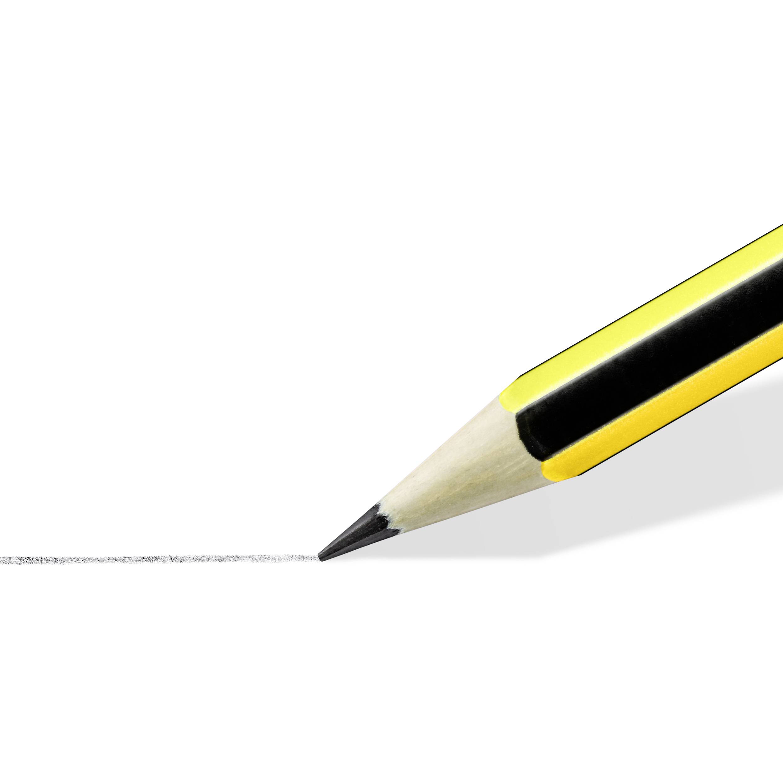 A yellow pencil with a black tip draws a thin, straight line on a white background.