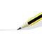 A yellow pencil with a black tip draws a thin, straight line on a white background.