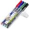 Four coloured permanent markers in a clear packaging: red, blue, green and black. Suitable for various surfaces.