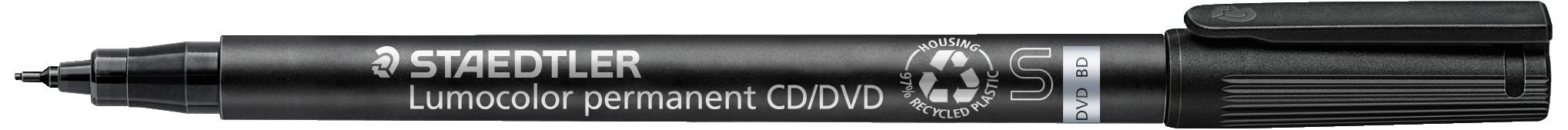 Black Staedtler Lumocolor permanent marker, lying down, with cap closed. Ideal for labelling on various surfaces.