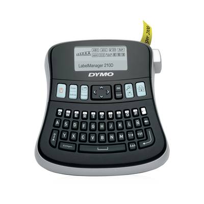 An electronic labelling device with a keyboard for text input and a digital display for preview. Brand name visible at the top.
