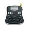 An electronic labelling device with a keyboard for text input and a digital display for preview. Brand name visible at the top.