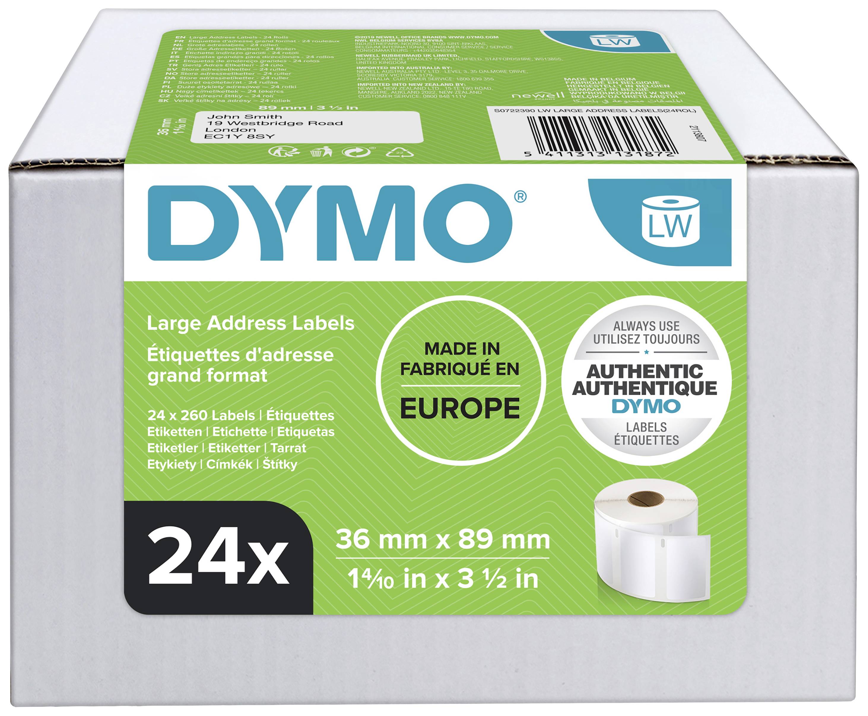 DYMO Label roll 13187 S0722390 89 x 36 mm Paper White 6240 pc(s) Permanent Address labels