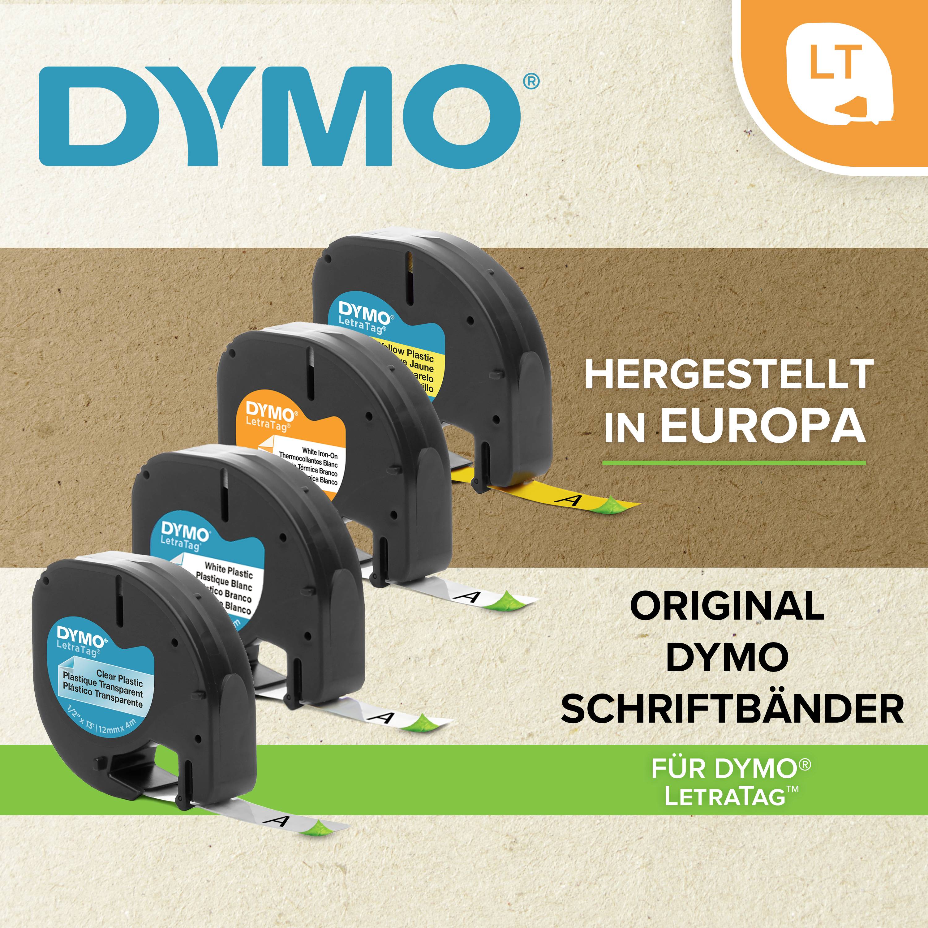 'Dymo label tapes in various colours, manufactured in Europe. Original and suitable for Dymo LetraTag label printers.'