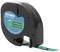 Black label tape cassette with green 'A' band from Dymo LetraTag, suitable for printing labels on plastic surfaces.