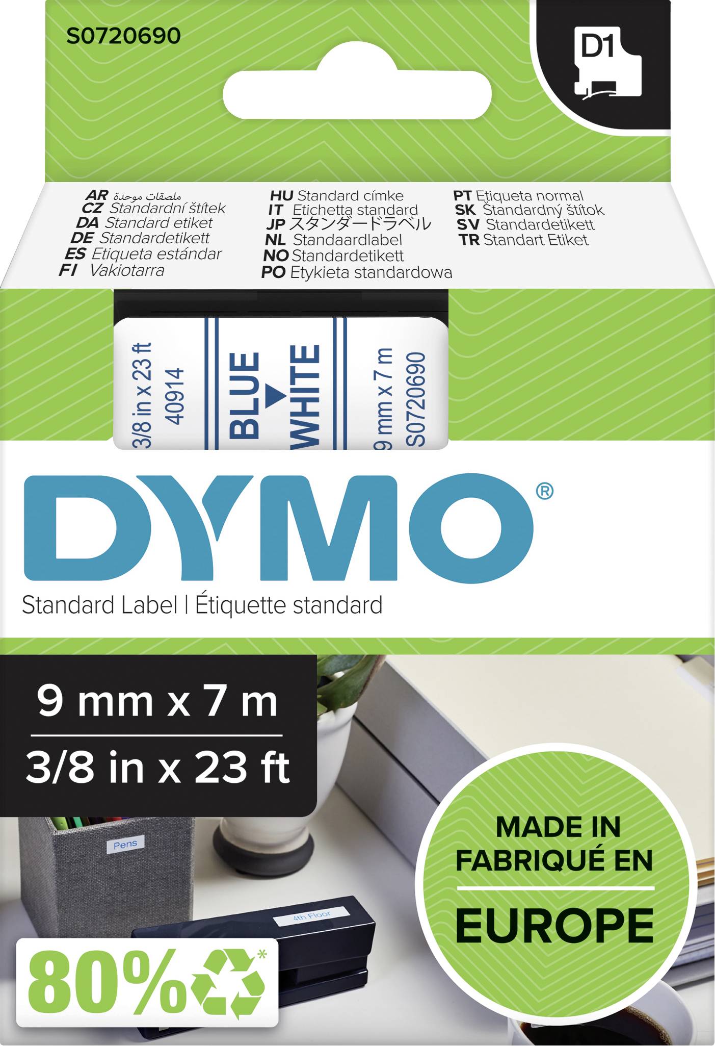 Packaging for DYMO Standard Label Tape. Text: '9 mm x 7 m'. Made in Europe. 80% recycled material.