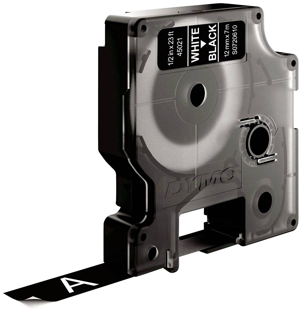 Black and white labelling tape cassette with the text 'White on Black', for label printers, showing 12 mm width and 7 m length.