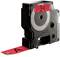 Label cassette with a black housing and a red stripe displaying 'BLACK RED', compatible with DYMO printers.