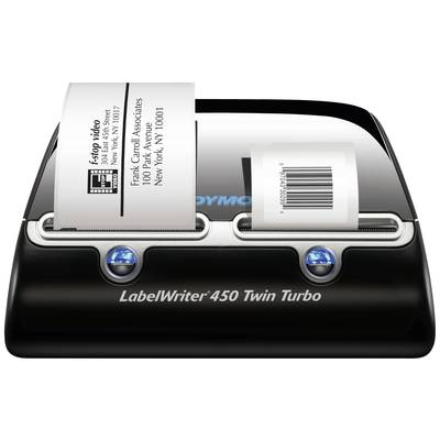 A label printer with two printed labels, one with an address and one with a barcode. Model name 'LabelWriter 450 Twin Turbo'.