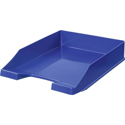 A blue plastic document tray with raised side walls. Suitable for organising paper stacks on desks.